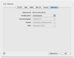 Ethernet Mac Adresse für Apple Time Machine set up